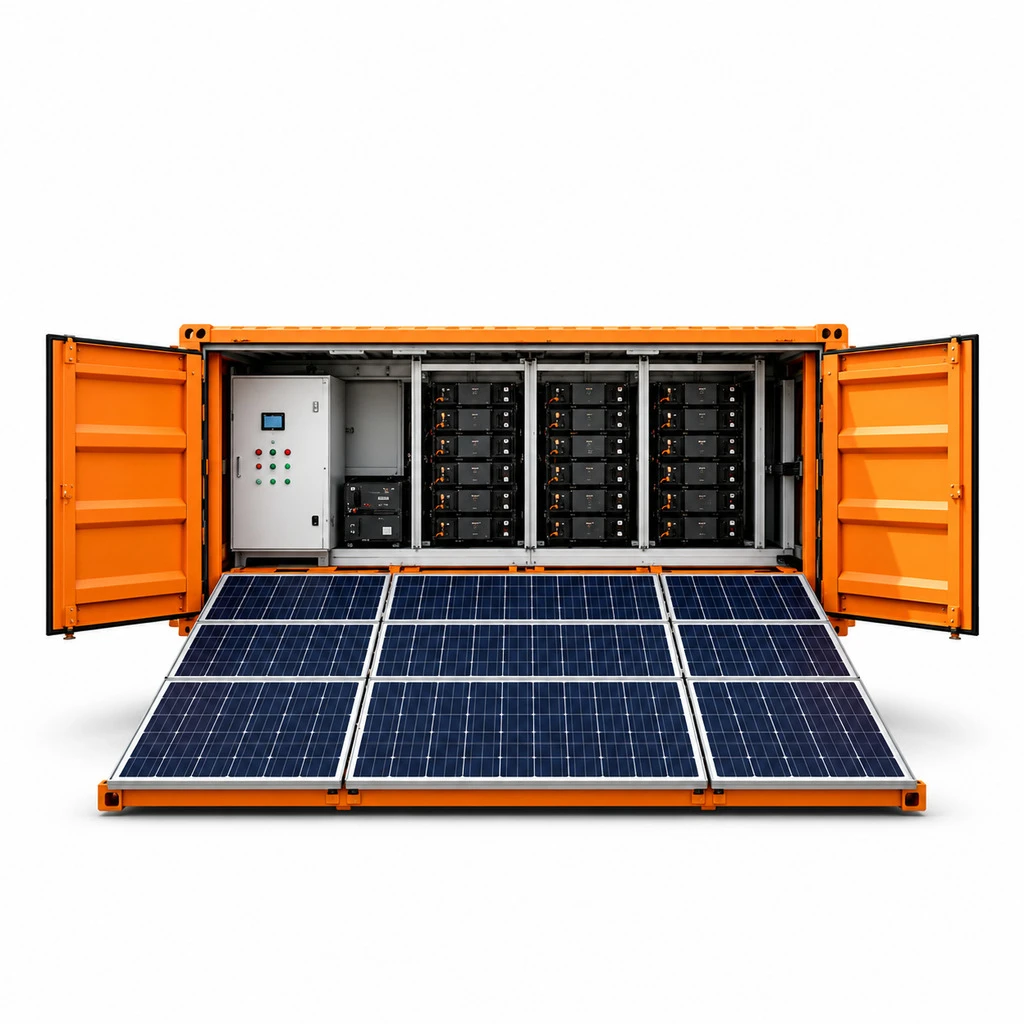 Container energy system with solar panels on white background