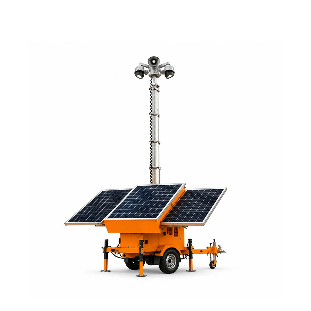 Trailer-mounted solar light tower on white background